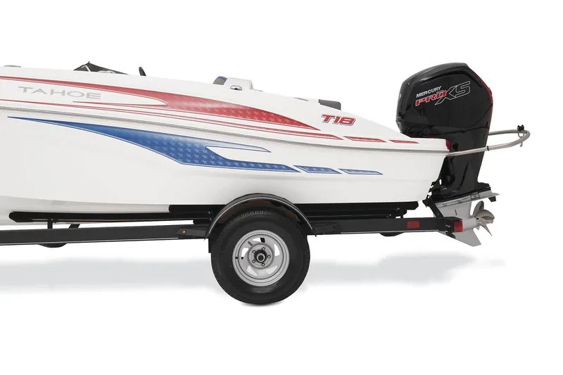 Slide: The Image of 2023 Tahoe T18 boat with trailer, featuring red and blue accents and an outboard motor. - 25