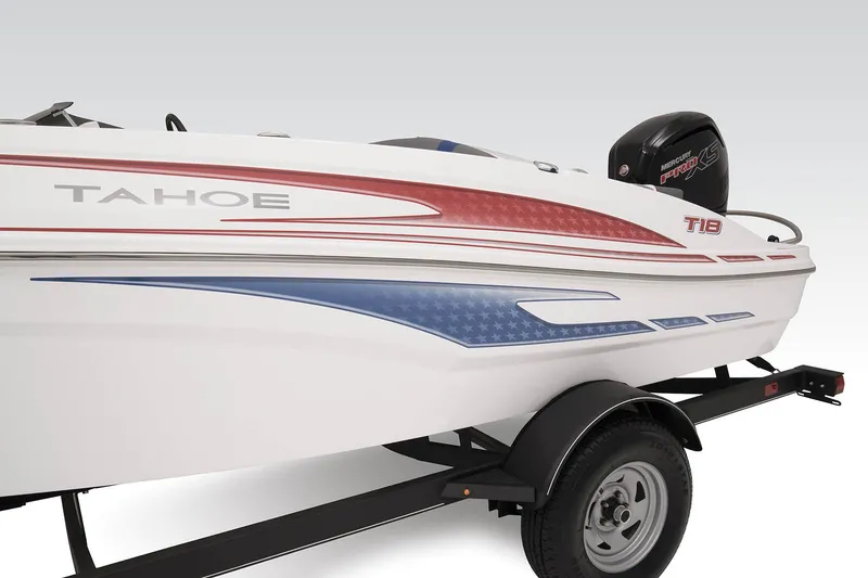 Slide: The Image of 2023 Tahoe T18 boat on trailer, featuring red and blue accents. - 26