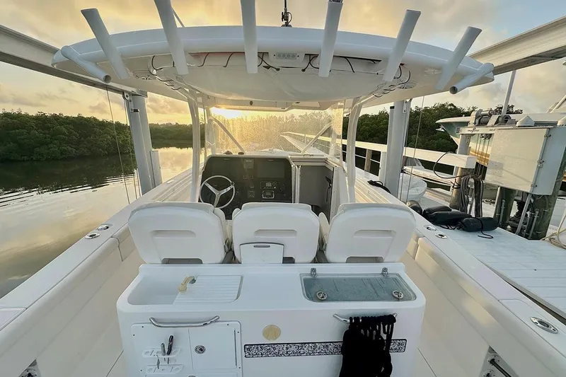 Slide: The Image of Interior of 2017 Stamas 390 Tarpon boat with modern dashboard and comfortable seating. - 10