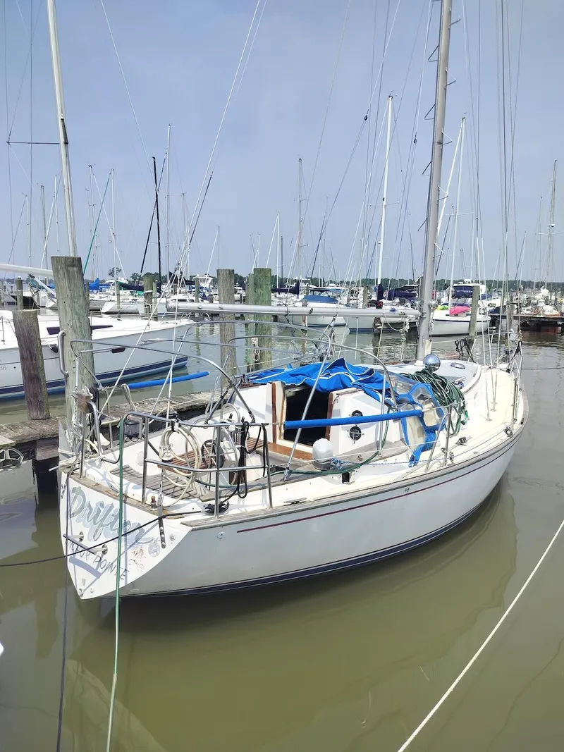 The Image of 1983 Morgan 32-3 sailboat docked in a marina, surrounded by other boats. - 0