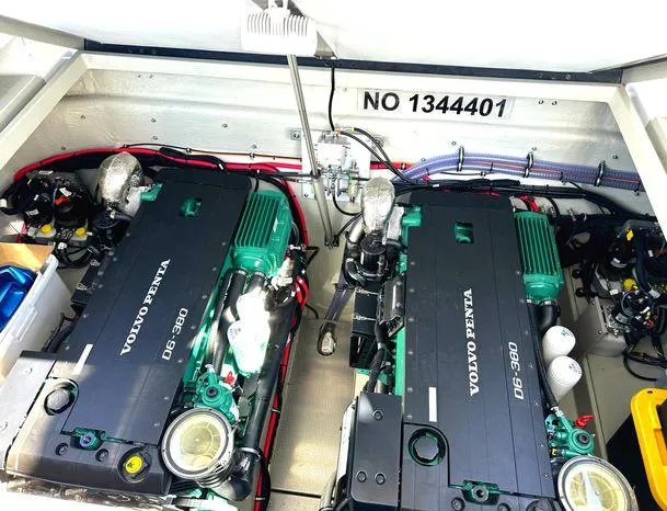 Slide: The Image of Twin Volvo Penta engines in a 2024 Sargo 36 boat engine room. - 14