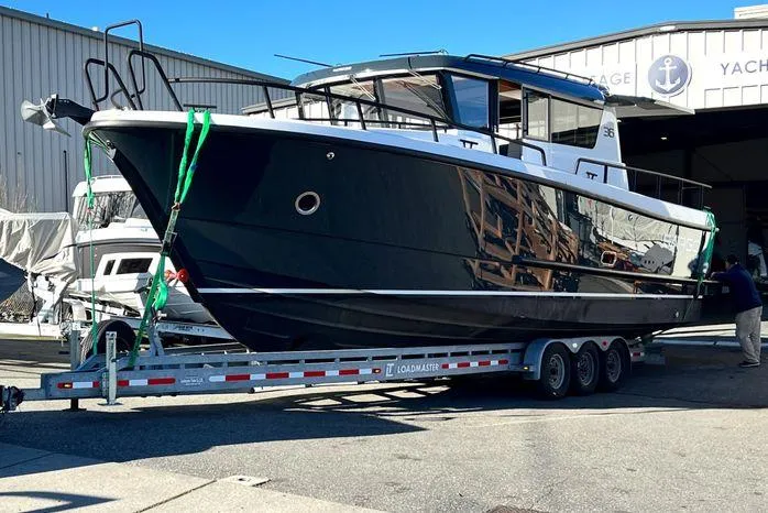 Slide: The Image of 2024 Sargo 36 boat on trailer at yacht storage facility. - 5