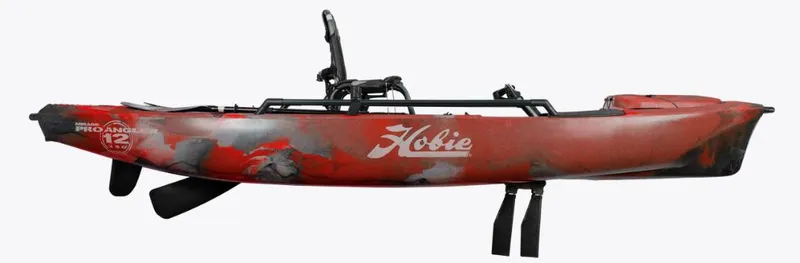 Slide: The Image of 2024 Hobie Pro Angler 12 360 XR DLK kayak, red and black design, side view. - 1