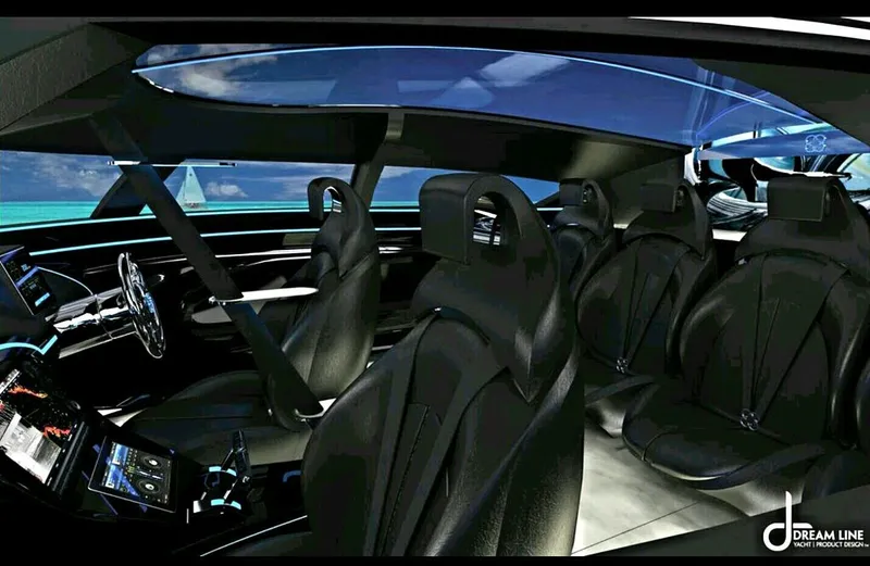 Slide: The Image of Luxurious interior of 2012 Mystic Powerboats 50 Cat with sleek black seating and modern dashboard. - 2