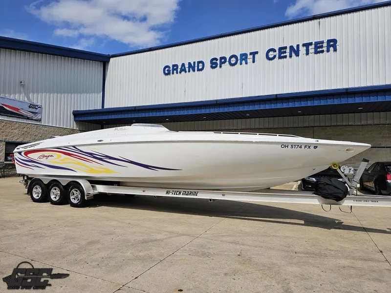 Slide: The Image of 2007 Baja 35 Outlaw boat on trailer at Grand Sport Center. - 14