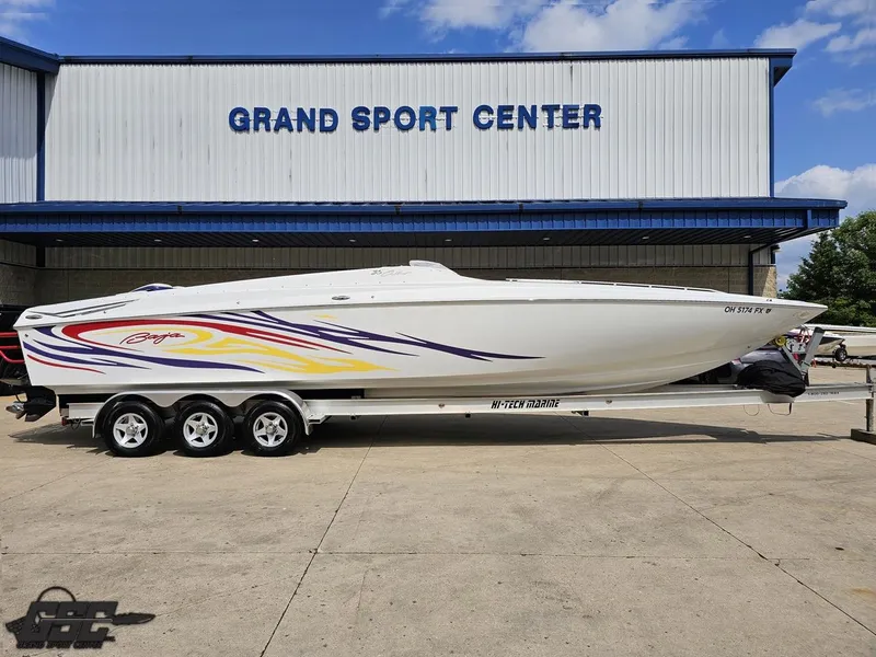Slide: The Image of 2007 Baja 35 Outlaw boat on trailer at Grand Sport Center. - 3