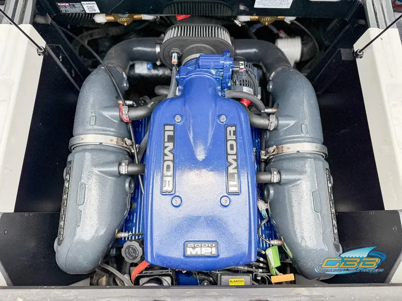 Slide: The Image of 2017 MasterCraft XT20 Ilmor engine, blue and gray components, top view. - 24