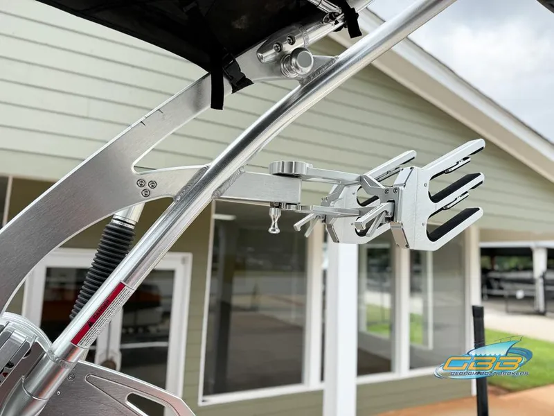 Slide: The Image of 2017 MasterCraft XT20 wakeboard rack, silver finish, mounted on boat tower. - 27