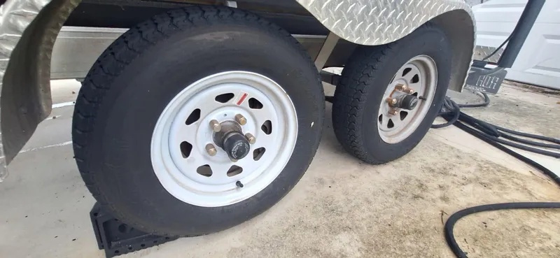 Slide: The Image of 2022 Scout 215 XSF trailer wheels on concrete surface, featuring dual tires and metal fenders. - 20