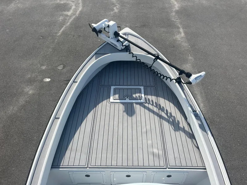 Slide: The Image of 1971 Aquasport 222 boat deck with trolling motor, viewed from above. - 12