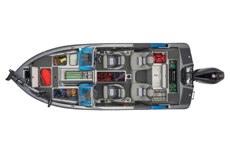 Slide: The Image of 2025 Ranger 212LS boat interior with blue and gray seating and carpeted flooring. - 17