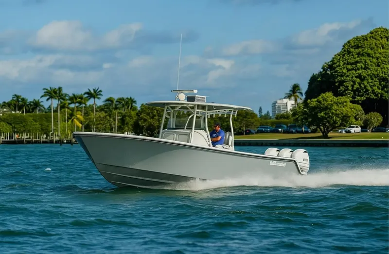 Slide: The Image of 2026 Reef Runner 340 boat cruising on a sunny day with lush greenery in the background. - 3