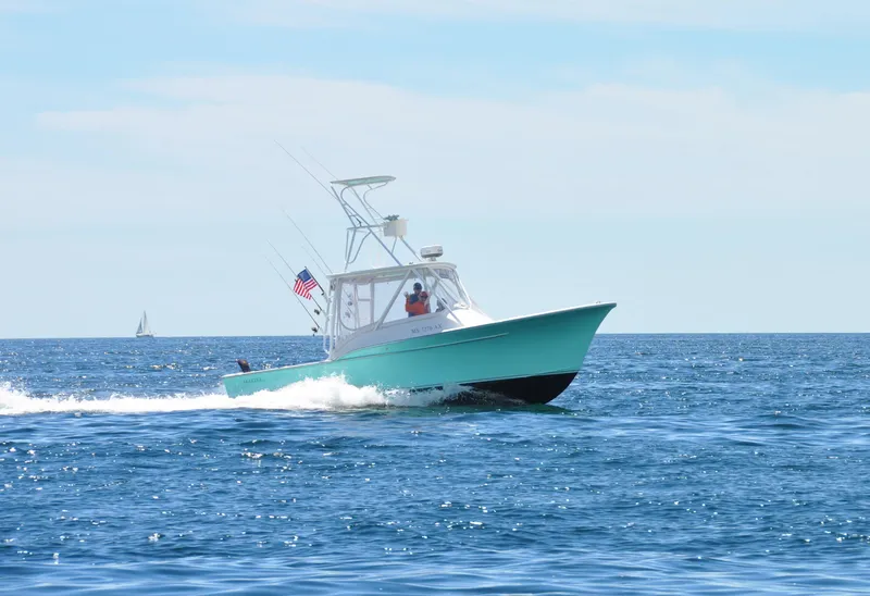 The Image of 2008 Buddy Cannady 28 Custom Express boat cruising on open sea with American flag. - 0
