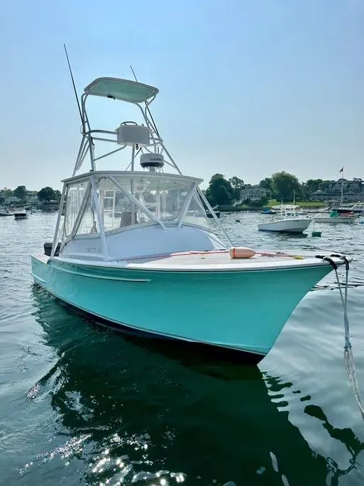 Slide: The Image of 2008 Buddy Cannady 28 Custom Express boat on calm water, sunny day, marina background. - 5