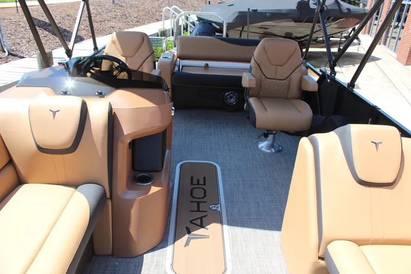 Slide: The Image of 2025 Tahoe Pontoon LTZ Versatile Rear Lounger with luxurious tan seating and modern design. - 8