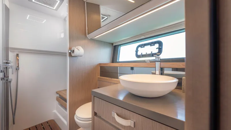 Slide: The Image of Modern bathroom in Fjord 53XL yacht, 2023 model. - 14