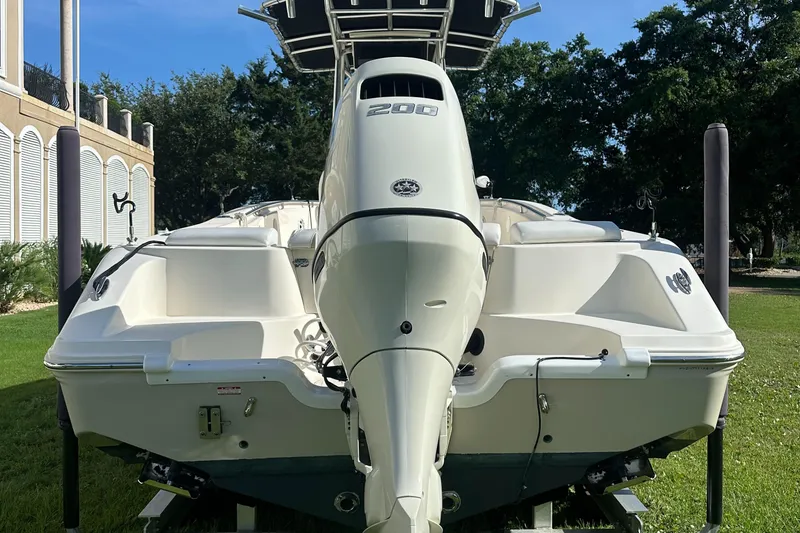 Slide: The Image of 2019 Bulls Bay 230 Center Console boat with powerful outboard motor, parked on grass. - 2