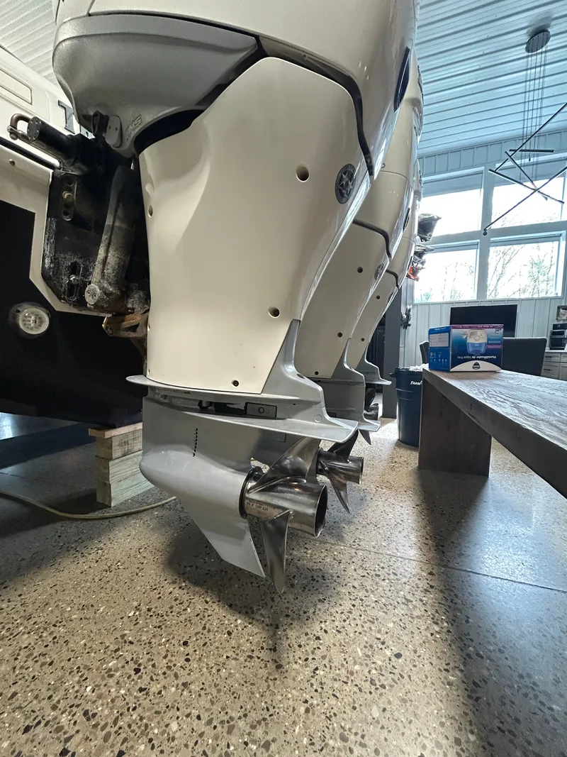 Slide: The Image of Boston Whaler 380 Outrage 2019 outboard motors in workshop. - 46