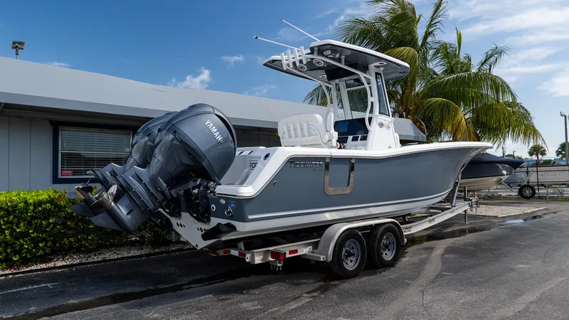 Slide: The Image of 2026 Tidewater 256 CC Adventure boat on trailer, parked near palm trees. - 2