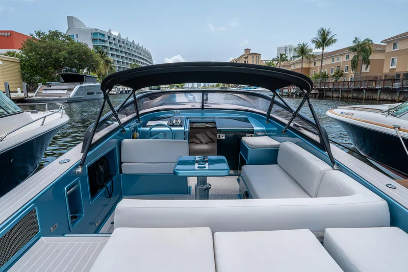 Slide: The Image of 2018 VanDutch 30 luxury yacht interior with sleek seating and modern design. - 11