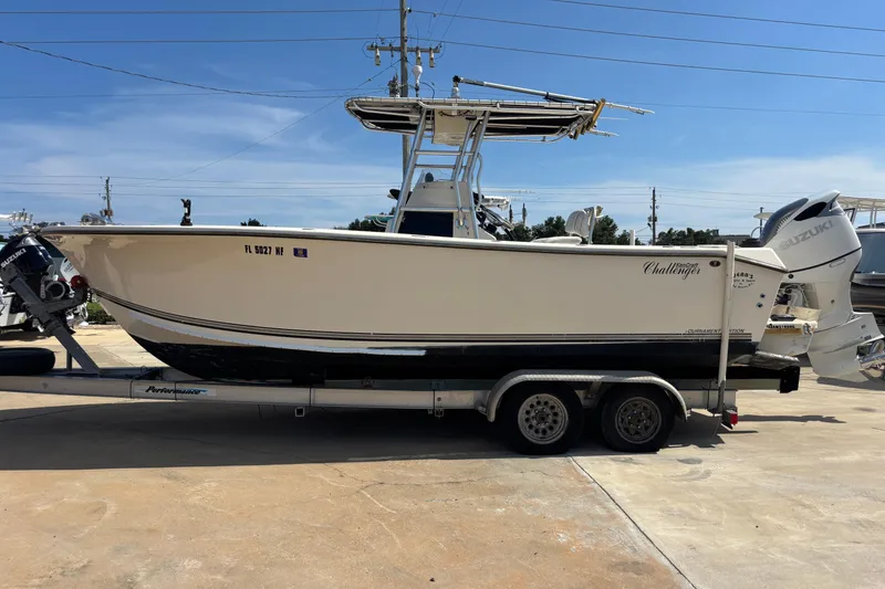 The Image of 2003 KenCraft 235 Challenger boat on trailer, side view, with Suzuki outboard motor. - 0
