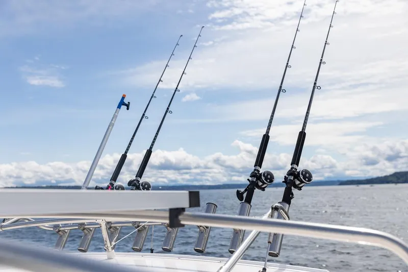 Slide: The Image of Fishing rods on a Solara S-310 CW boat, 2026 model, against a scenic ocean backdrop. - 8
