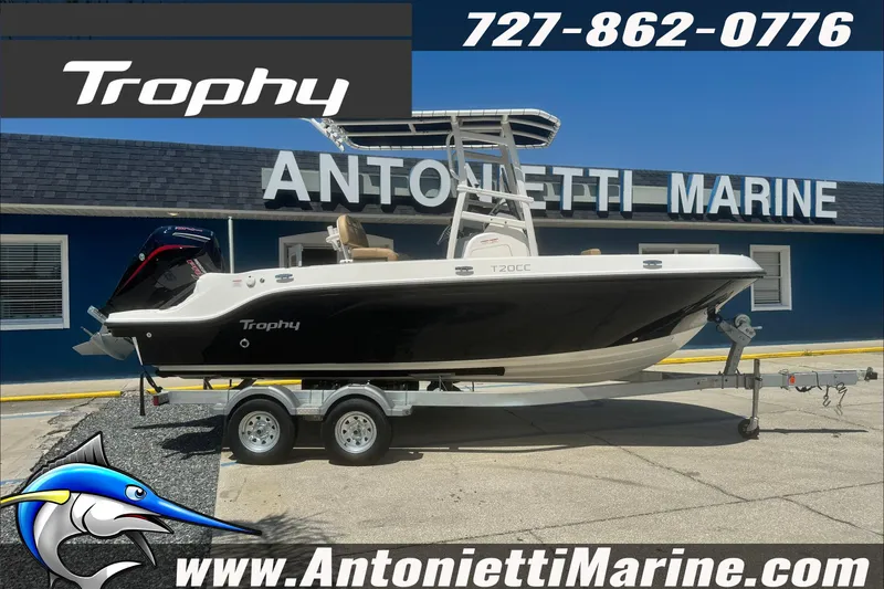 Slide: The Image of 2025 Trophy T20 CC boat on trailer at Antonietti Marine dealership. - 1