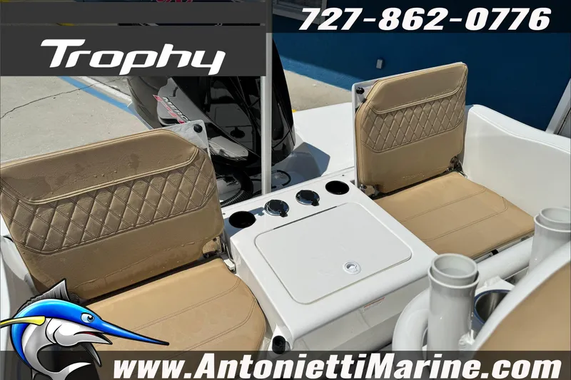 Slide: The Image of 2025 Trophy T20 CC boat seats with cup holders, showcased by Antonietti Marine. - 11