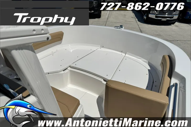 Slide: The Image of 2025 Trophy T20 CC boat interior with tan seating, showcased by Antonietti Marine. - 22