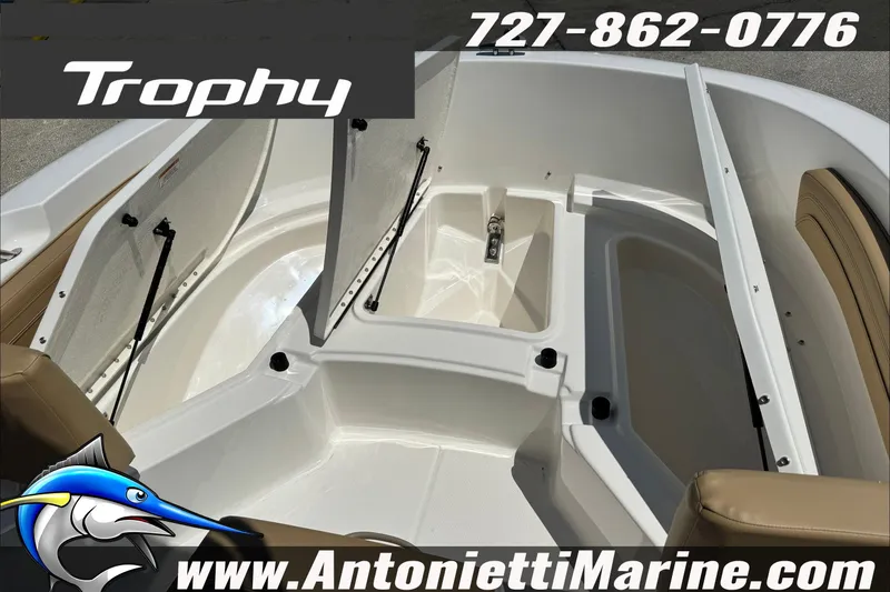 Slide: The Image of 2025 Trophy T20 CC boat interior with storage compartments, showcased by Antonietti Marine. - 25