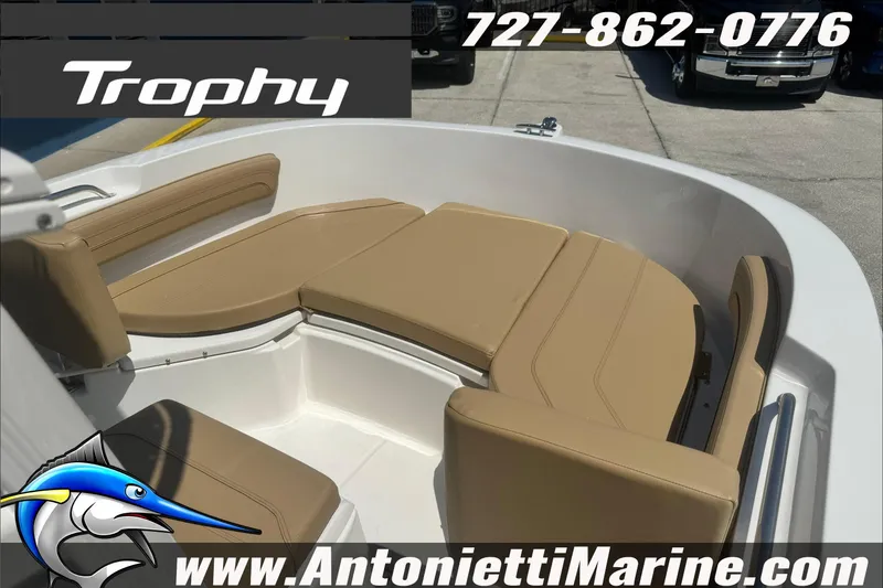 Slide: The Image of 2025 Trophy T20 CC boat interior with tan seating, displayed at Antonietti Marine. - 28