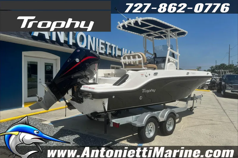 Slide: The Image of 2025 Trophy T20 CC boat on trailer at Antonietti Marine dealership. - 29