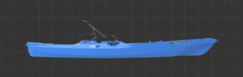 Slide: The Image of Blue 2025 Bonafide RS117 kayak side view on grid background. - 10