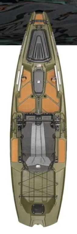 Slide: The Image of 2023 Bonafide SS107 kayak, top view, olive and orange design, featuring storage compartments. - 3