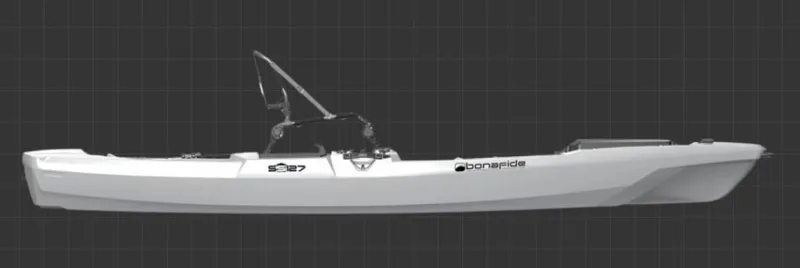 The Image of 2023 Bonafide SS127 kayak, side view, sleek design, white color, black seat. - 1