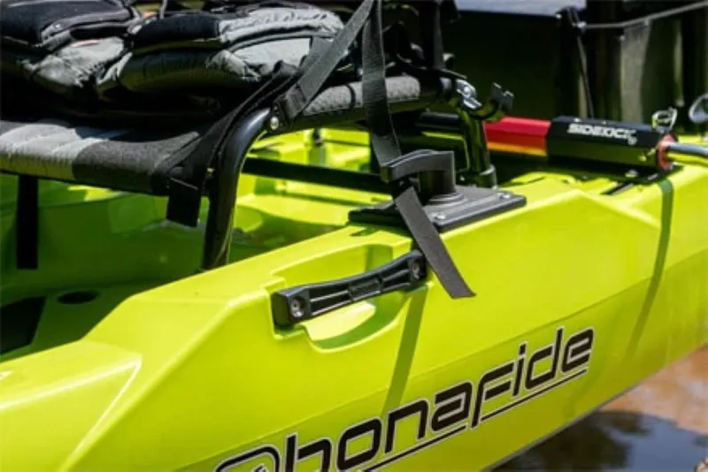 Slide: The Image of Bonafide P127 kayak, 2023 model, vibrant green, featuring adjustable seat and side accessories. - 9