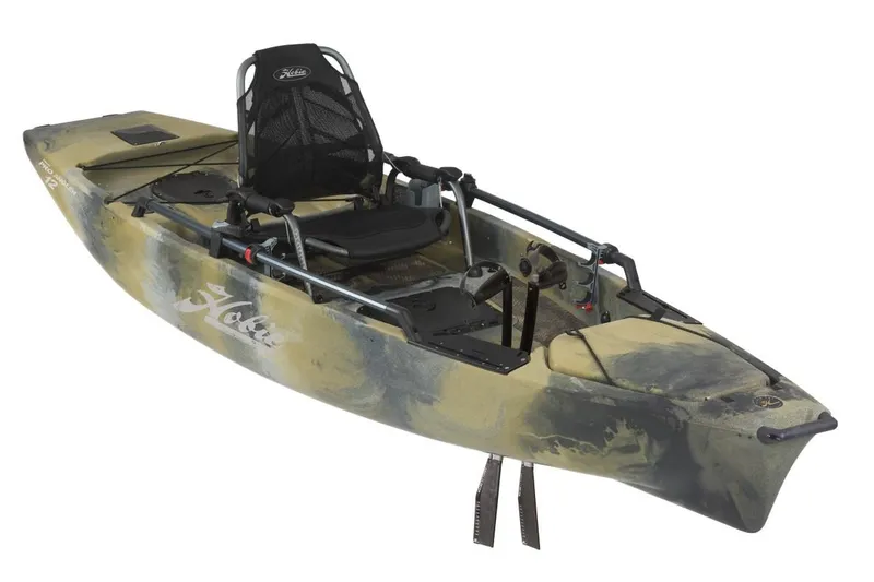 Slide: The Image of 2025 Hobie Pro Angler 12 kayak in camouflage design, featuring adjustable seat and pedal system. - 7