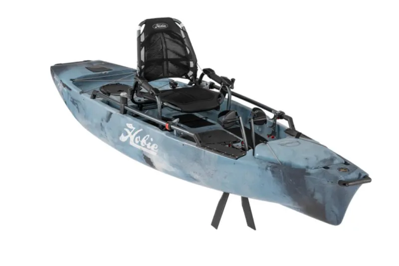 Slide: The Image of 2025 Hobie Mirage Pro Angler 12 kayak with 360 Drive Technology, blue color, side view. - 5