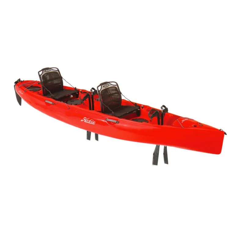 Slide: The Image of 2025 Hobie Mirage Oasis kayak, bright red, tandem seats, pedal-powered, ideal for recreational water activities. - 11