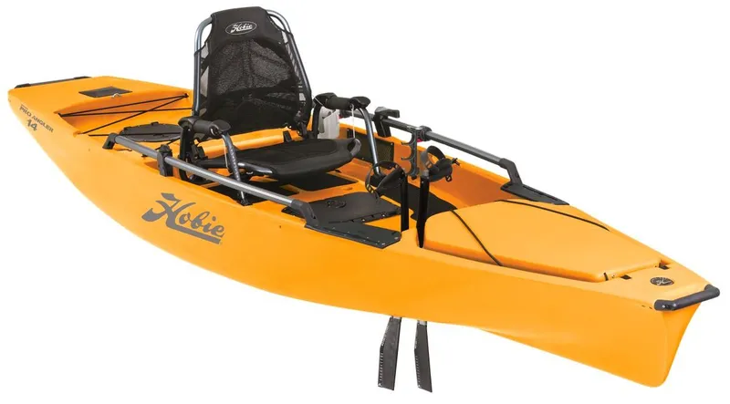 Slide: The Image of 2025 Hobie Mirage Pro Angler 14 kayak in vibrant orange, featuring advanced fishing gear. - 8