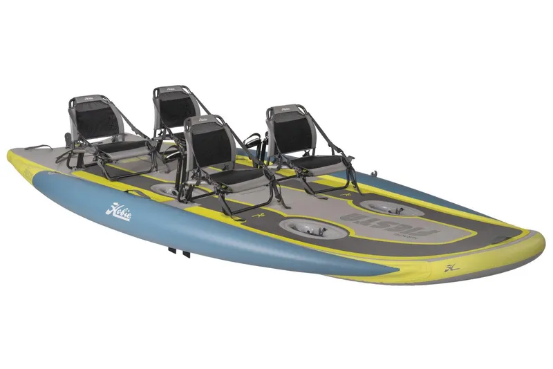 Slide: The Image of 2025 Hobie iTrek Fiesta inflatable kayak with four seats, blue and yellow design. - 6
