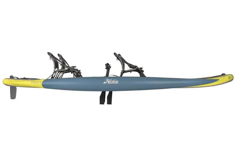 Slide: The Image of 2025 Hobie iTrek Fiesta kayak, blue and yellow, side view with seats and pedals. - 8