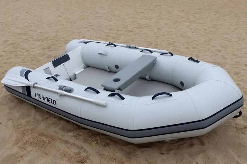 Slide: The Image of Aerial view of Highfield Roll-Up 200 KAM inflatable boat on water. - 2