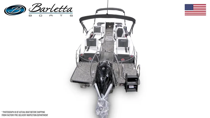 Slide: The Image of 2026 Barletta Corsa 23M pontoon boat, top view, featuring sleek design and modern amenities. - 3