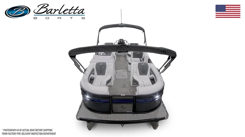 Slide: The Image of 2026 Barletta Corsa 23M pontoon boat, sleek design, spacious seating, American flag emblem. - 8