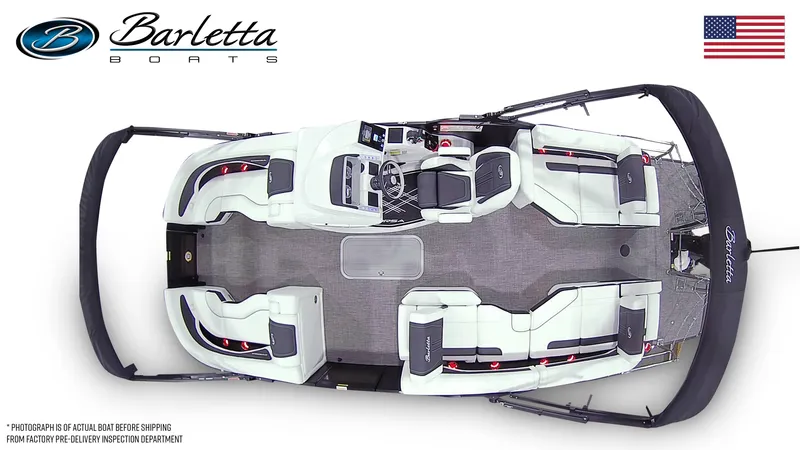 Slide: The Image of Top view of 2026 Barletta Corsa 23M pontoon boat with seating layout. - 9