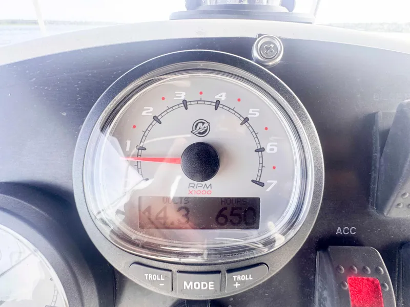 Slide: The Image of Close-up of 2014 Boston Whaler 210 Montauk boat tachometer displaying RPM and engine hours. - 10