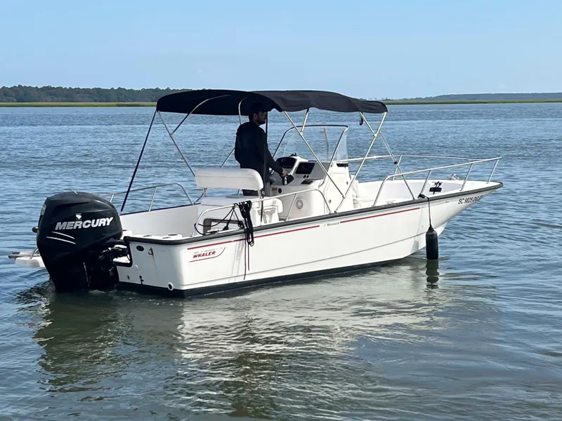 Slide: The Image of 2014 Boston Whaler 210 Montauk boat on calm water with Mercury outboard motor. - 4