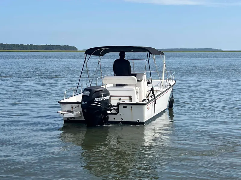 Slide: The Image of 2014 Boston Whaler 210 Montauk boat on calm water with Mercury engine. - 5