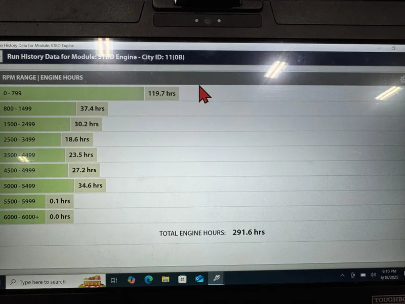 Slide: The Image of Engine run history data on screen for Sun Tracker Party Barge 24 DLX XP3, 2018 model. - 15